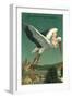 Baby Riding Stork over European Town-null-Framed Art Print