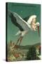 Baby Riding Stork over European Town-null-Stretched Canvas