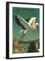 Baby Riding Stork over European Town-null-Framed Art Print