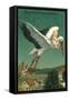 Baby Riding Stork over European Town-null-Framed Stretched Canvas