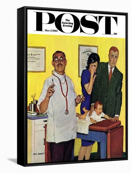 "Baby's First Shot," Saturday Evening Post Cover, March 3, 1962-Richard Sargent-Framed Stretched Canvas