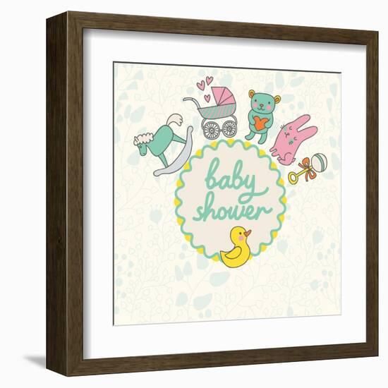 Baby Shower Card Design in Vector. Cartoon Childish Elements in Stylish Colors. Baby Background in-smilewithjul-Framed Art Print