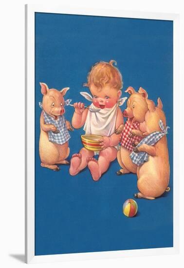 Baby with Pigs Eating Cereal-null-Framed Art Print