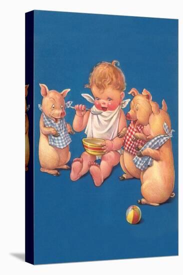 Baby with Pigs Eating Cereal-null-Stretched Canvas