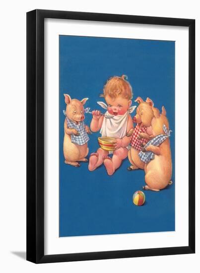 Baby with Pigs Eating Cereal-null-Framed Art Print