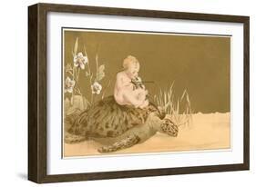Baby with Violin Riding Sea Turtle-null-Framed Art Print