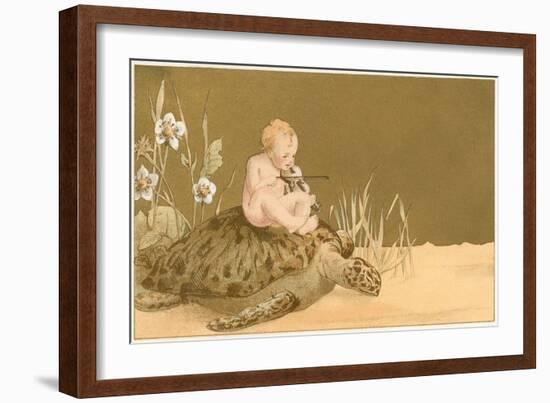 Baby with Violin Riding Sea Turtle-null-Framed Art Print