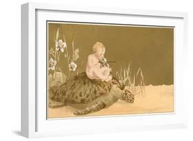Baby with Violin Riding Sea Turtle-null-Framed Art Print