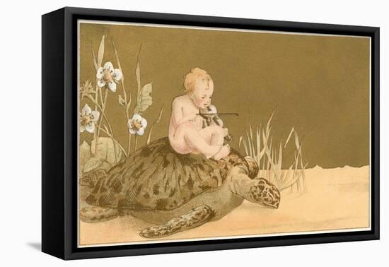 Baby with Violin Riding Sea Turtle-null-Framed Stretched Canvas