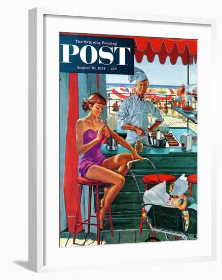 "Babysitter at Beach Stand" Saturday Evening Post Cover, August 28, 1954-George Hughes-Framed Giclee Print