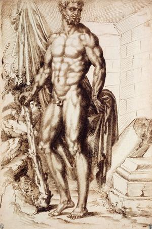 Hercules Turned to the Left, Leaning on His Club, Holding Drapery