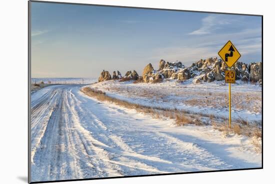 Back Country Road over Prairie at Natural Fort in Northern Colorado in Winter Scenery, a Road Sign-PixelsAway-Mounted Photographic Print