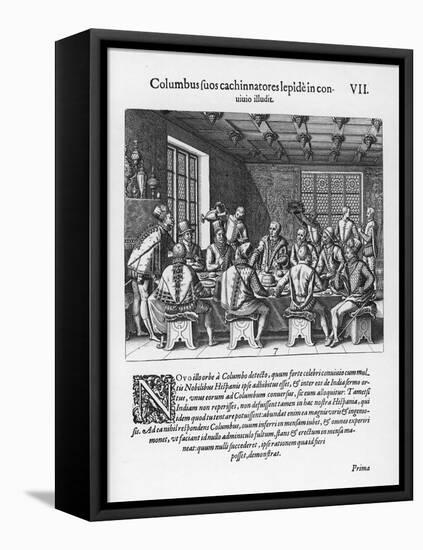 Back in Spain Columbus is Challenged About His Feat and Responds by Standing an Egg on End-Theodor de Bry-Framed Stretched Canvas