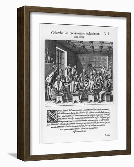 Back in Spain Columbus is Challenged About His Feat and Responds by Standing an Egg on End-Theodor de Bry-Framed Art Print