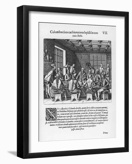 Back in Spain Columbus is Challenged About His Feat and Responds by Standing an Egg on End-Theodor de Bry-Framed Art Print