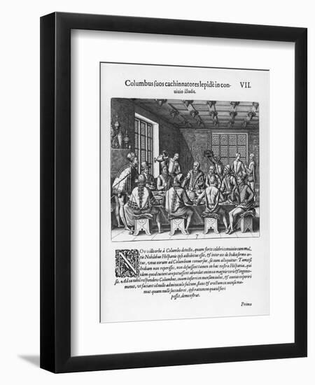 Back in Spain Columbus is Challenged About His Feat and Responds by Standing an Egg on End-Theodor de Bry-Framed Art Print