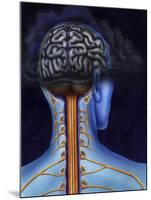 Back of Brain and Spinal Cord with Head in Dark Cloud Indicating Depression-null-Mounted Art Print