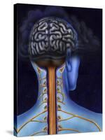 Back of Brain and Spinal Cord with Head in Dark Cloud Indicating Depression-null-Stretched Canvas