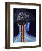 Back of Brain and Spinal Cord with Head in Dark Cloud Indicating Depression-null-Framed Art Print