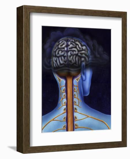 Back of Brain and Spinal Cord with Head in Dark Cloud Indicating Depression-null-Framed Art Print