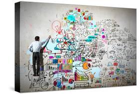 Back View of Businessman Drawing Sketch on Wall-Sergey Nivens-Stretched Canvas