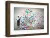 Back View of Businessman Drawing Sketch on Wall-Sergey Nivens-Framed Photographic Print