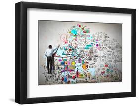 Back View of Businessman Drawing Sketch on Wall-Sergey Nivens-Framed Photographic Print