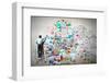 Back View of Businessman Drawing Sketch on Wall-Sergey Nivens-Framed Photographic Print