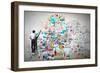 Back View of Businessman Drawing Sketch on Wall-Sergey Nivens-Framed Photographic Print