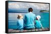 Back View of Father and Kids Sitting on Wooden Dock Looking to Ocean-BlueOrange Studio-Framed Stretched Canvas