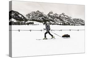 Backcountry skier under the Tetons, Grand Teton National Park, Wyoming, USA-Russ Bishop-Stretched Canvas