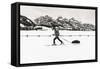 Backcountry skier under the Tetons, Grand Teton National Park, Wyoming, USA-Russ Bishop-Framed Stretched Canvas