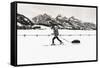 Backcountry skier under the Tetons, Grand Teton National Park, Wyoming, USA-Russ Bishop-Framed Stretched Canvas