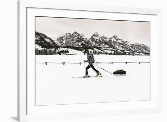 Backcountry skier under the Tetons, Grand Teton National Park, Wyoming, USA-Russ Bishop-Framed Photographic Print