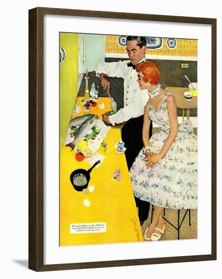 Backstairs Bachelor  - Saturday Evening Post "Leading Ladies", July 17, 1954 pg.27-Joe de Mers-Framed Giclee Print