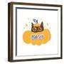 Bad Seed Lettering Text Sticker and Cozy Cat in Pumpkin. Cute Halloween Concept, T-Shirt Print, Des-Svetlana Shamshurina-Framed Photographic Print