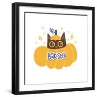 Bad Seed Lettering Text Sticker and Cozy Cat in Pumpkin. Cute Halloween Concept, T-Shirt Print, Des-Svetlana Shamshurina-Framed Photographic Print