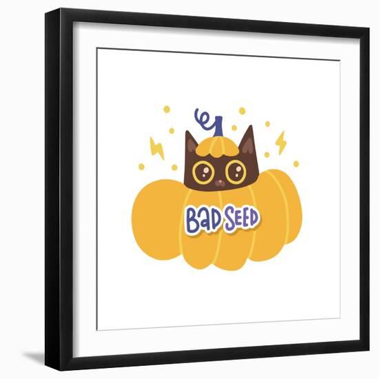 Bad Seed Lettering Text Sticker and Cozy Cat in Pumpkin. Cute Halloween Concept, T-Shirt Print, Des-Svetlana Shamshurina-Framed Photographic Print