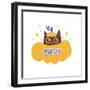 Bad Seed Lettering Text Sticker and Cozy Cat in Pumpkin. Cute Halloween Concept, T-Shirt Print, Des-Svetlana Shamshurina-Framed Photographic Print