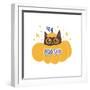 Bad Seed Lettering Text Sticker and Cozy Cat in Pumpkin. Cute Halloween Concept, T-Shirt Print, Des-Svetlana Shamshurina-Framed Photographic Print