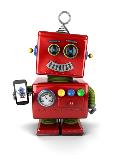 Red, Little Vintage Toy Robot with Smartphone, Smiling over White Background.-badboo-Art Print