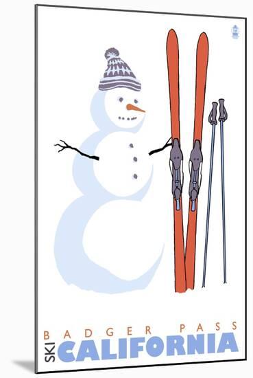 Badger Pass, California, Snowman with Skis-Lantern Press-Mounted Art Print