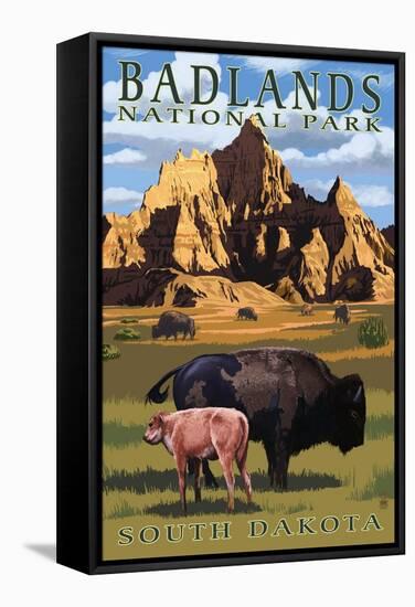 Badlands National Park, South Dakota - Bison Scene-Lantern Press-Framed Stretched Canvas