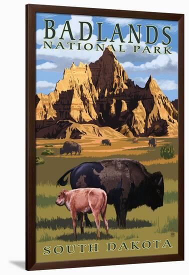 Badlands National Park, South Dakota - Bison Scene-Lantern Press-Framed Art Print