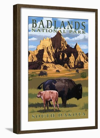 Badlands National Park, South Dakota - Bison Scene-Lantern Press-Framed Art Print