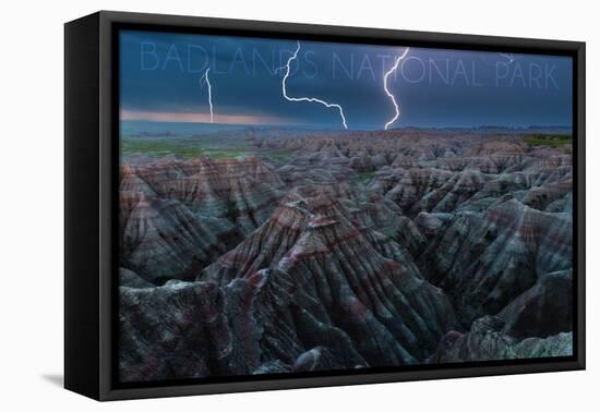 Badlands National Park, South Dakota - Lightning Storm-Lantern Press-Framed Stretched Canvas