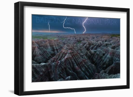 Badlands National Park, South Dakota - Lightning Storm-Lantern Press-Framed Art Print