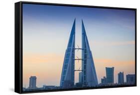 Bahrain, Manama, Bahrain Bay, Bahrain World Trade Center and City Skyline-Jane Sweeney-Framed Stretched Canvas