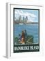 Bainbridge Island, WA - Ferry and Seattle-Lantern Press-Framed Art Print