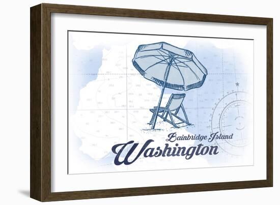 Bainbridge Island, Washington - Beach Chair and Umbrella - Blue - Coastal Icon-Lantern Press-Framed Art Print